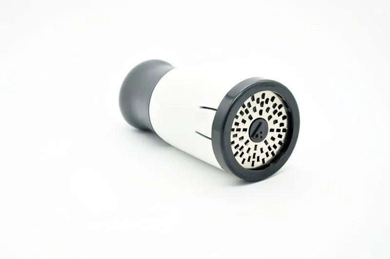 Stainless steel rotary cheese grater in black and white, 17cm tall, with two blades for grating chocolate and cheese
