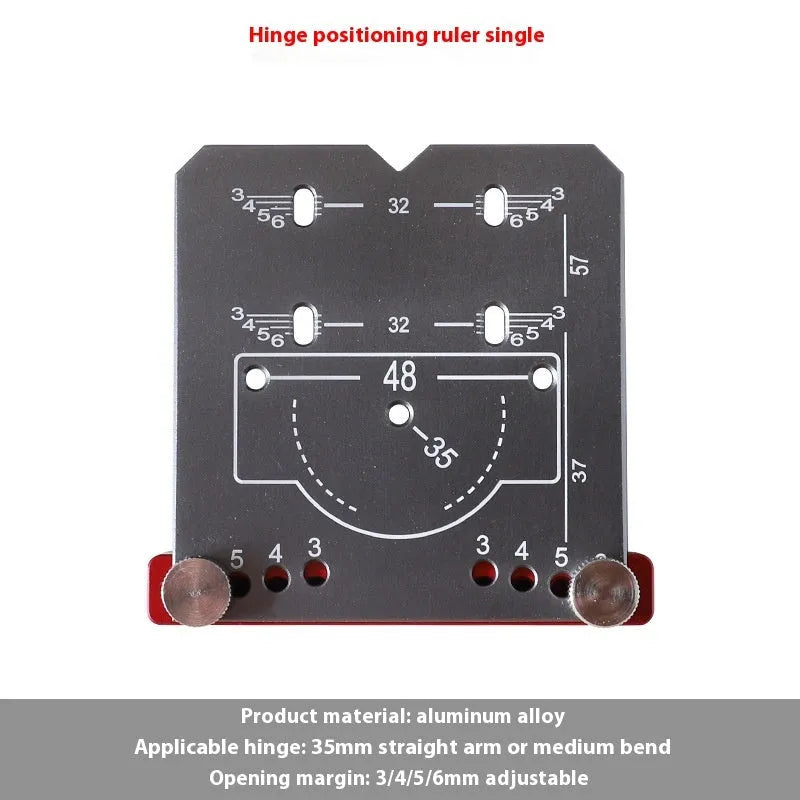 Red aluminium alloy hinge locating ruler with adjustable margin settings for 35mm cabinet hinges.