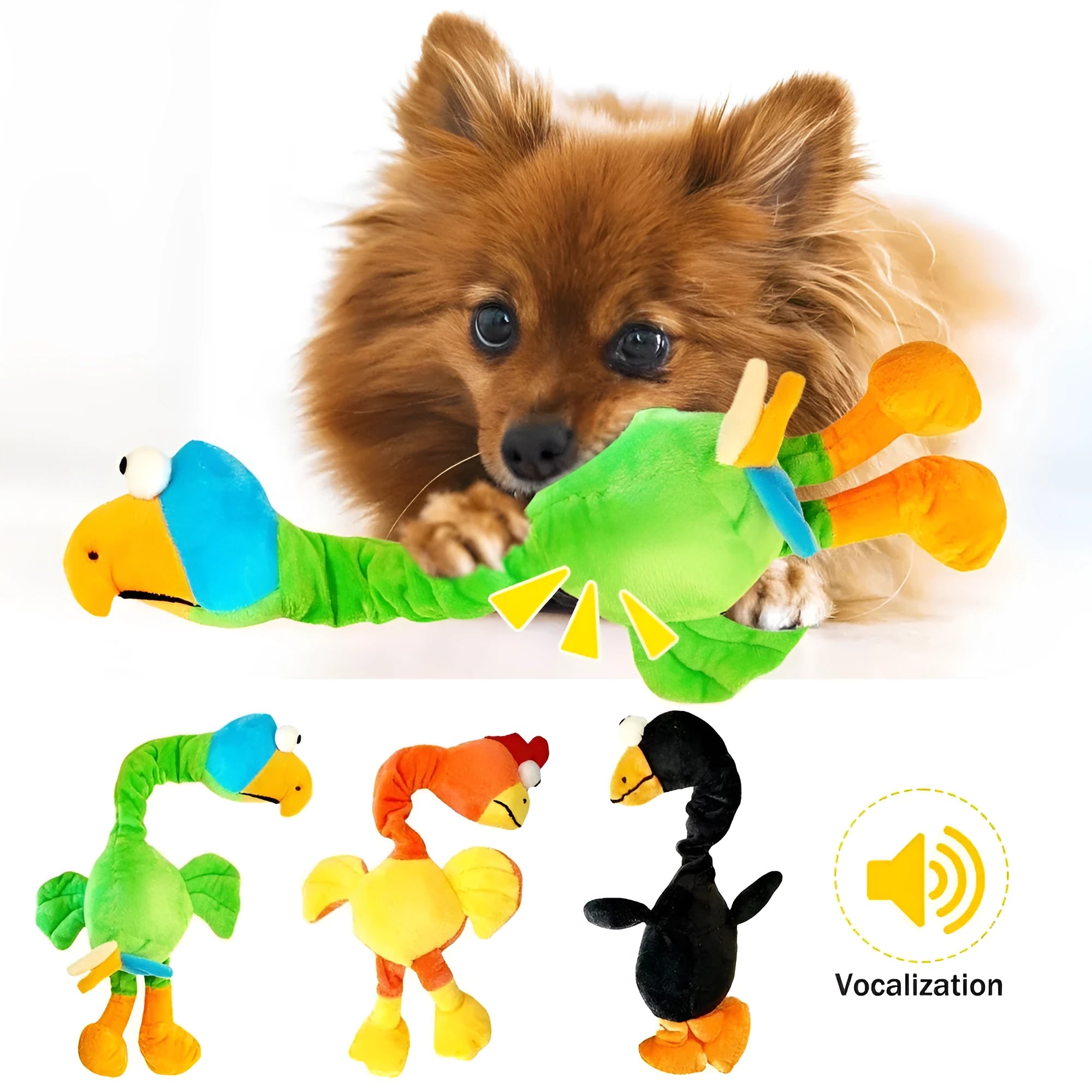 Screaming chicken sound dog chew toy in rubber material showing black, green and orange colour options