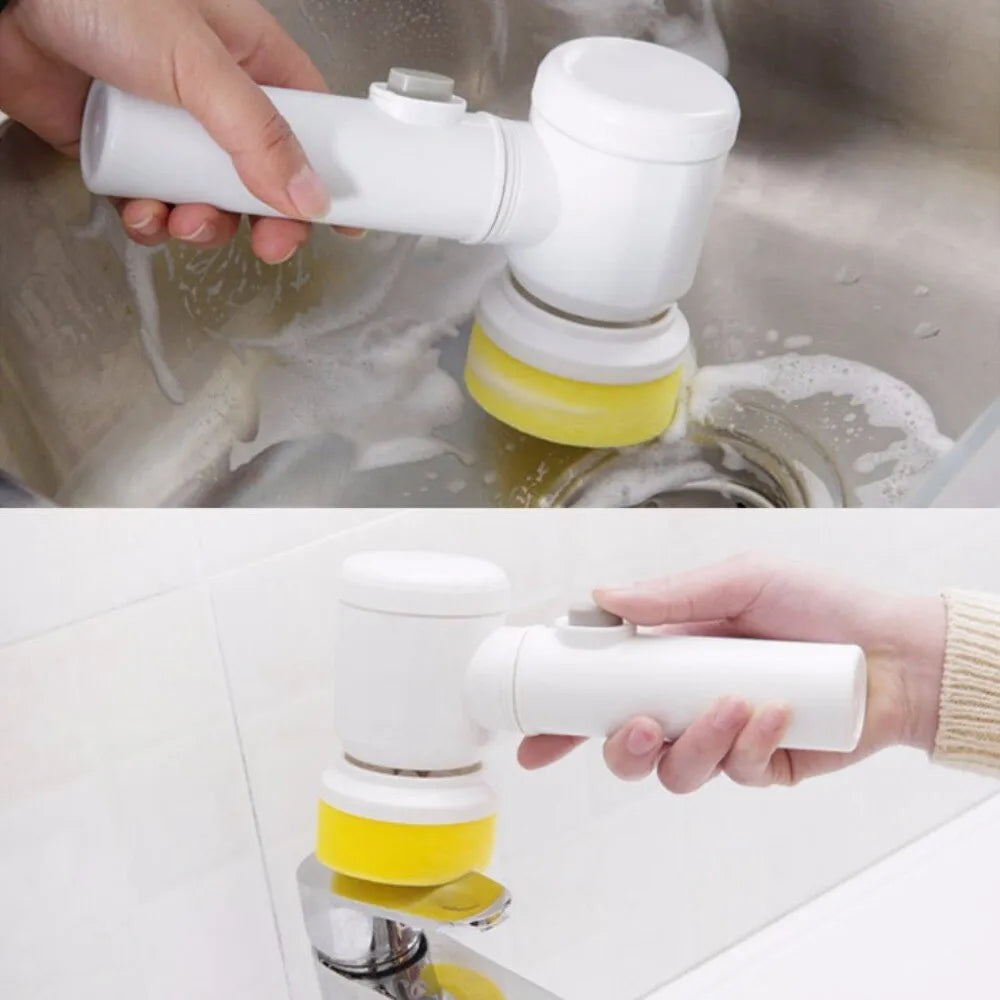 White 5 in 1 cordless electric cleaning brush with detachable ABS handle and 3 interchangeable brush heads, 19.5 x 11.5 x 6.3 cm