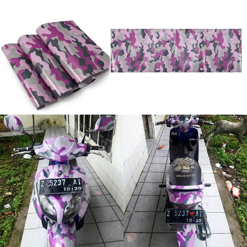 Camouflage car wrap film in PVC, 152cm wide, shown in black, black and white, red and blue colour options for vehicle and device decoration.