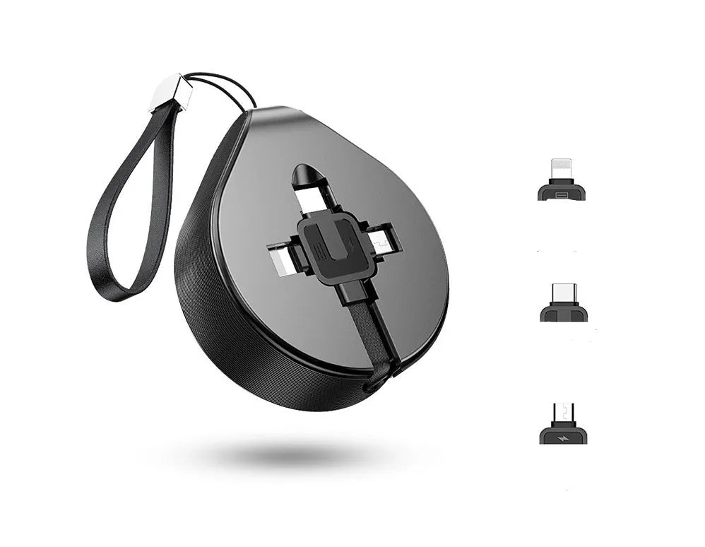 Black telescopic 3-in-1 fast charging cable extended to 1m with Micro USB, USB-C, and Lightning connectors