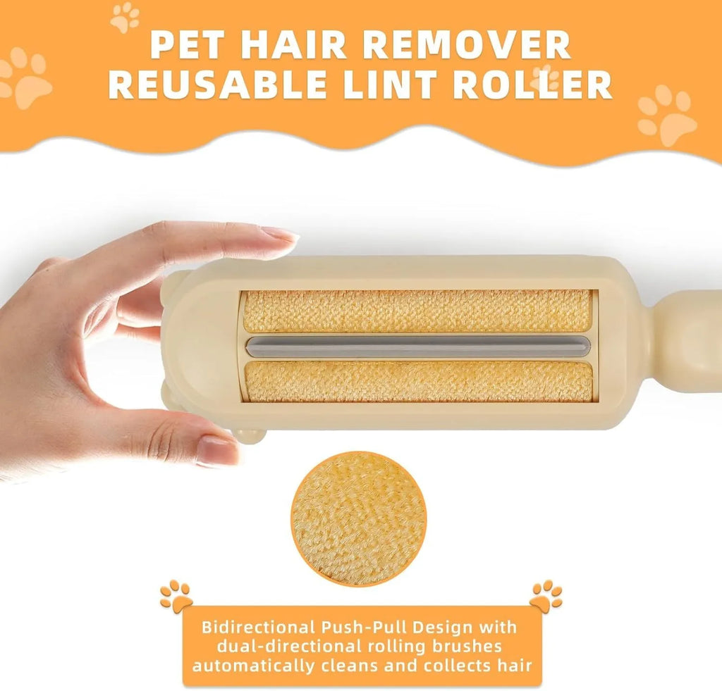 Blue reusable pet hair roller with self-cleaning base for furniture and car seats.