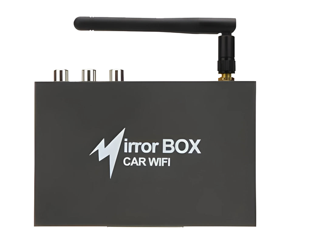 Black car mirror link box converter unit with antenna, power cable, and AV cable for wireless smartphone screen mirroring.