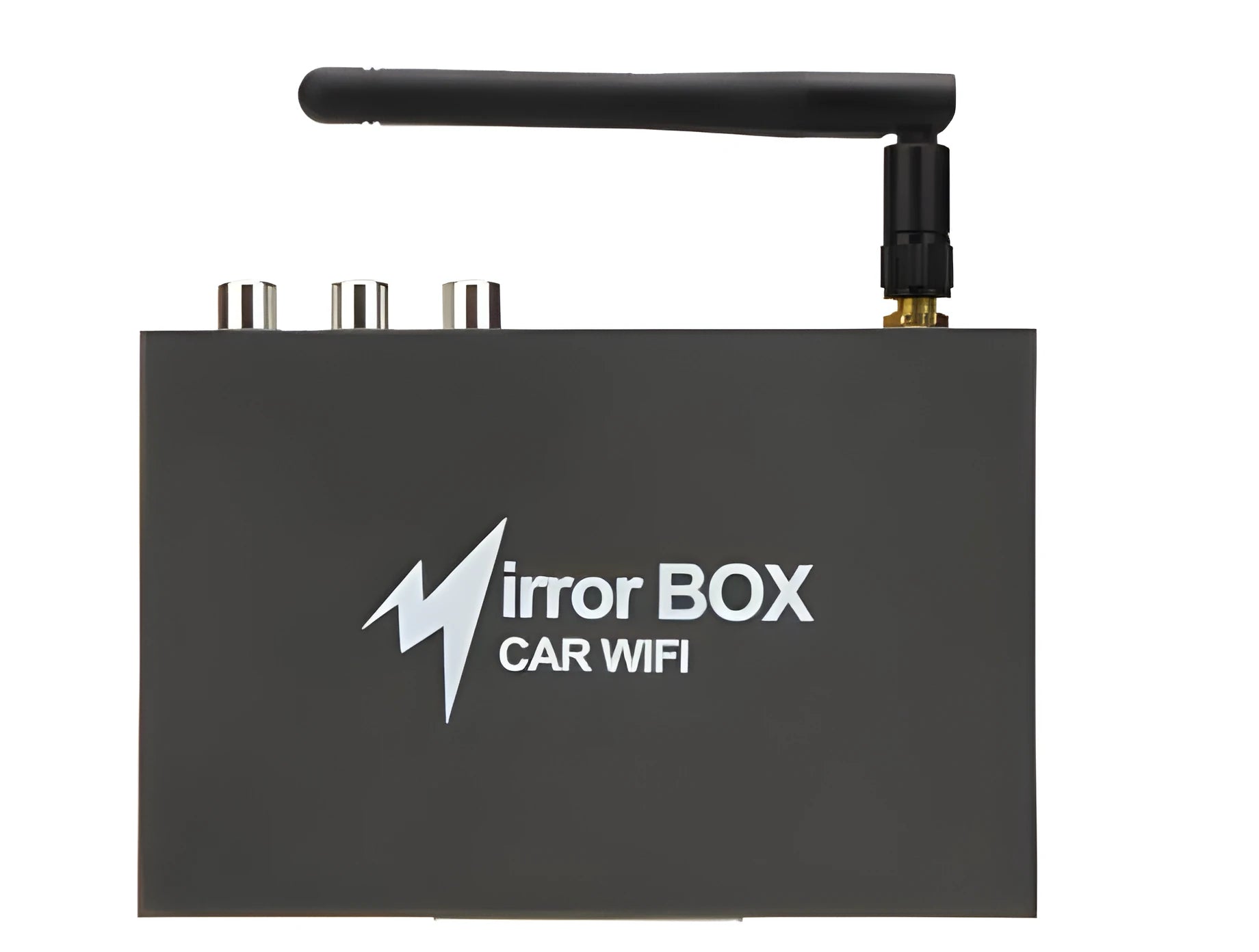 Black car mirror link box converter unit with antenna, power cable, and AV cable for wireless smartphone screen mirroring.