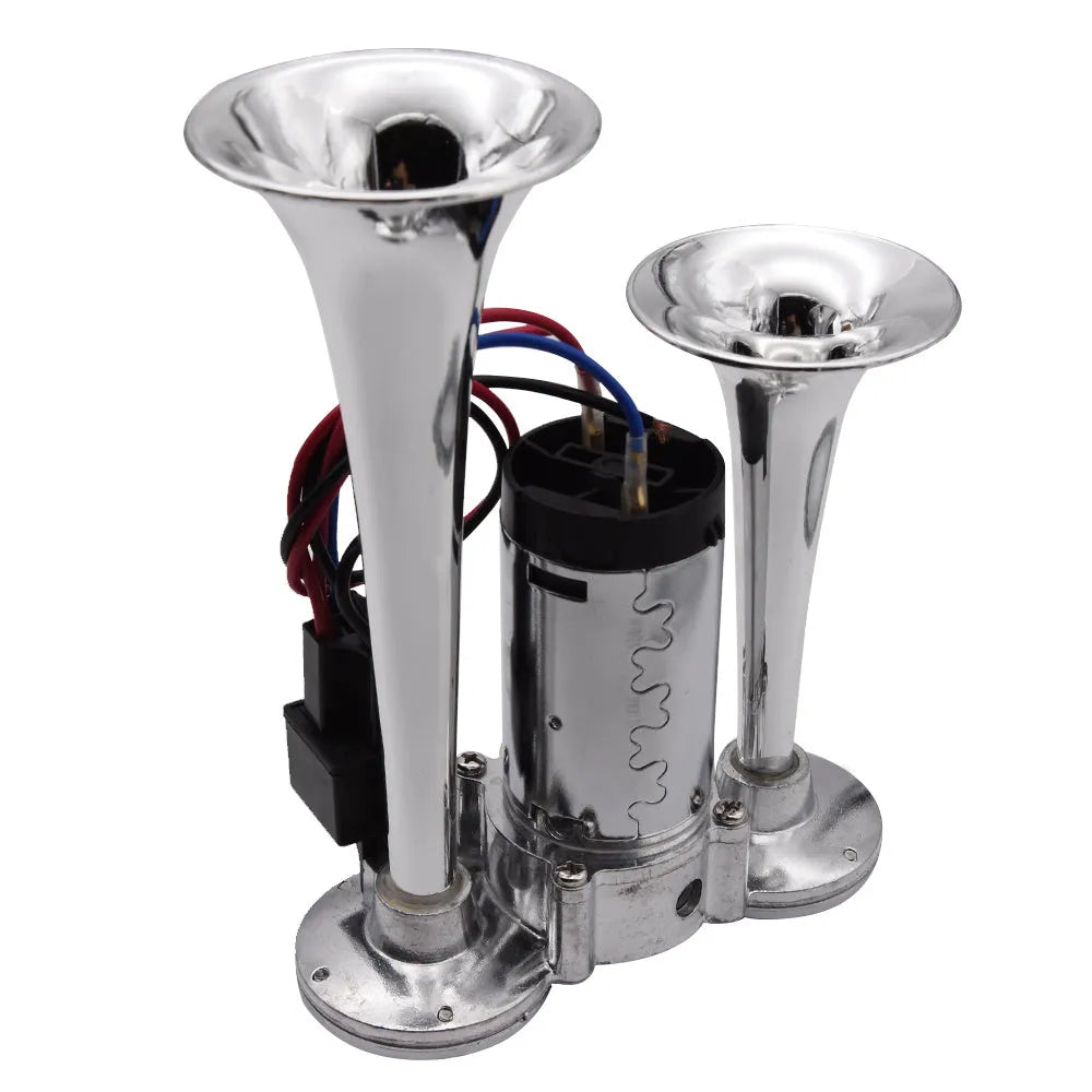 Silver double pipe conjoined electric horn with air pump for car and motorcycle modified 12V/24V