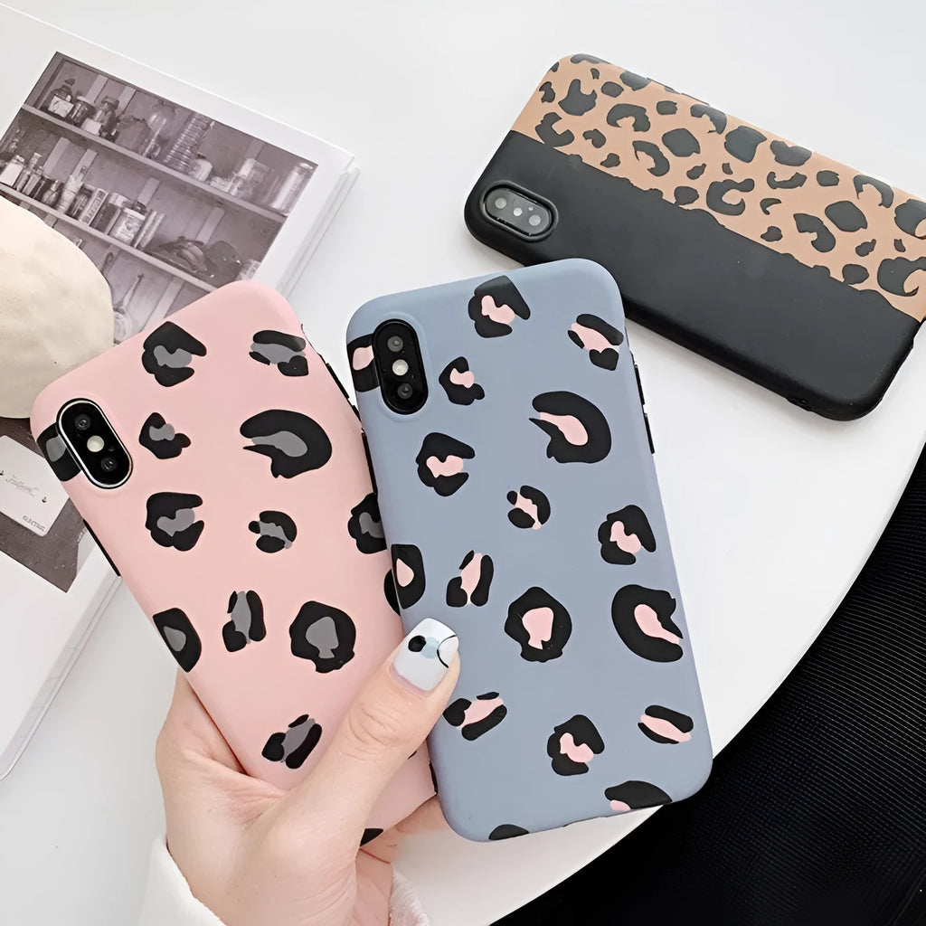 Leopard print pattern phone case for iPhone, shown in black, blue, and pink colour options.
