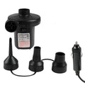 Black 50W electric air pump 8x6x8 cm with 230V plug, 12V car cable, and three nozzle attachments
