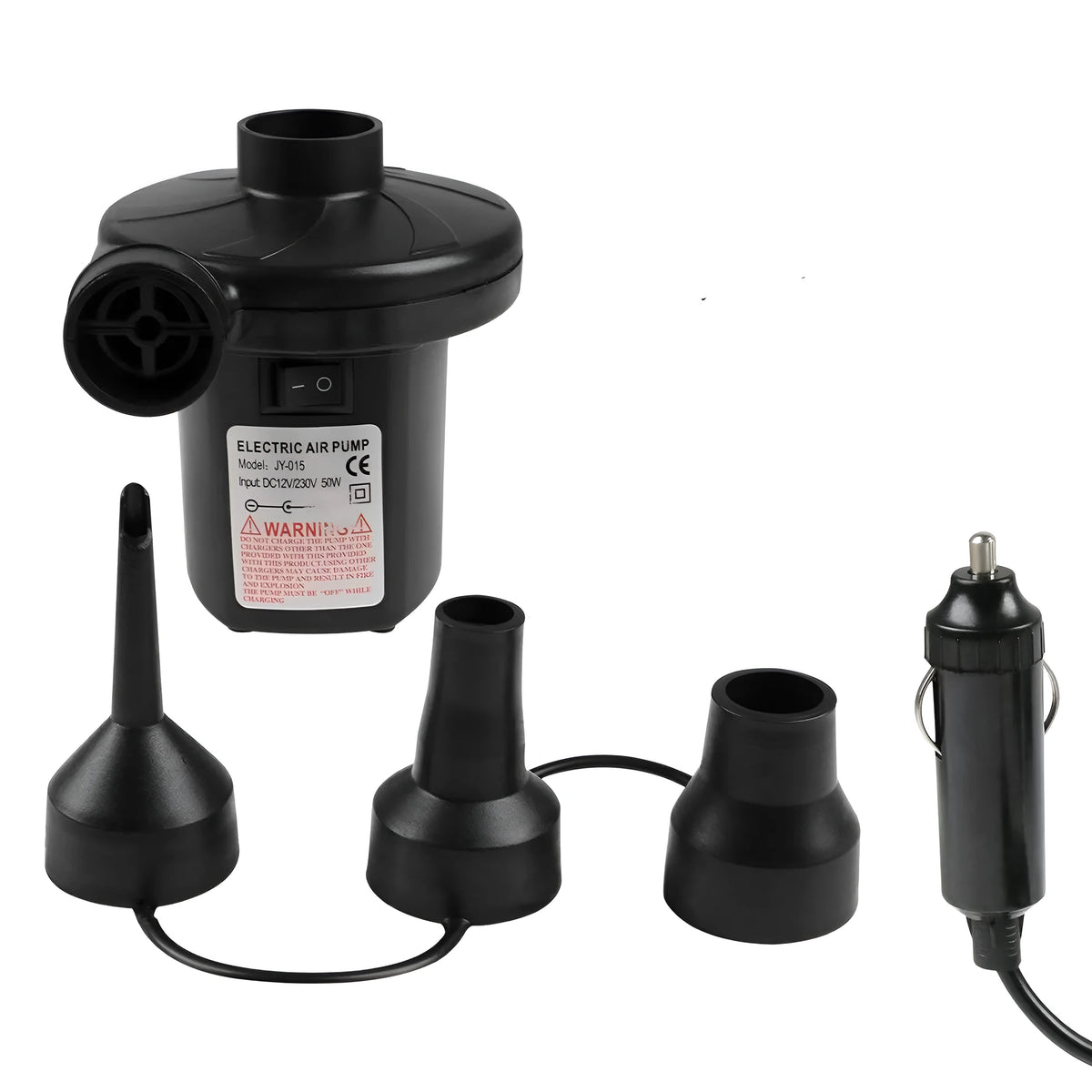 Black 50W electric air pump 8x6x8 cm with 230V plug, 12V car cable, and three nozzle attachments