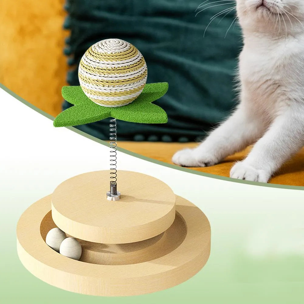 Green sisal cat toy with multi-layer rotating ball track and spring ball for indoor feline play