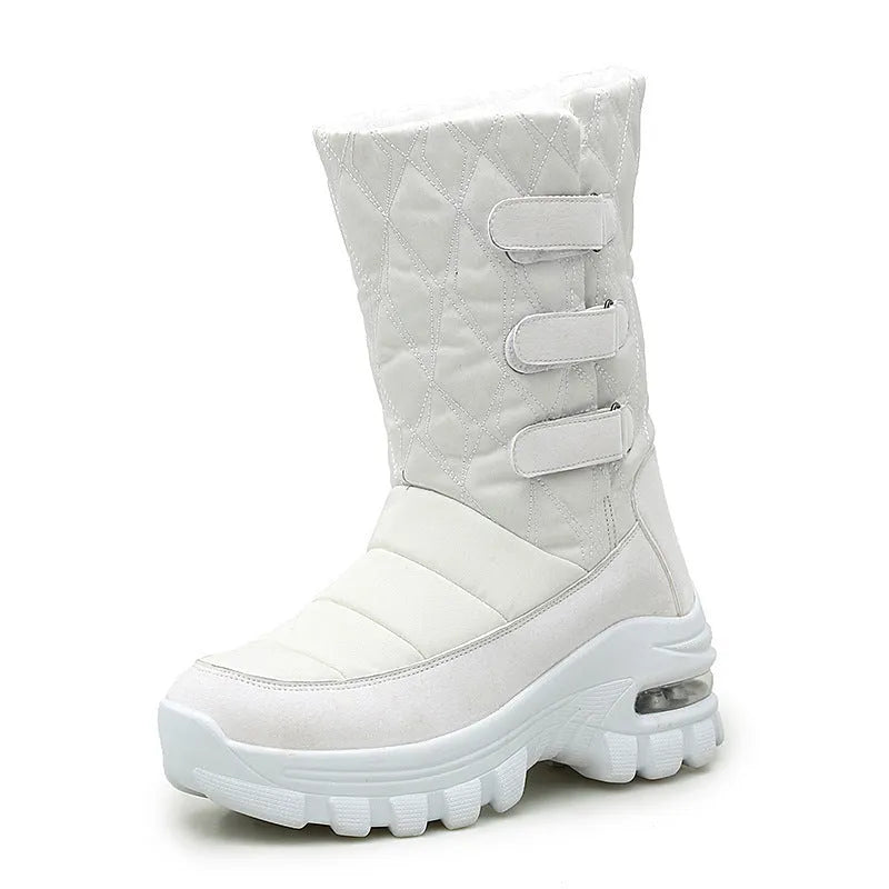 Women's outdoor plus velvet high top snow boots in black with white sole and Velcro strap