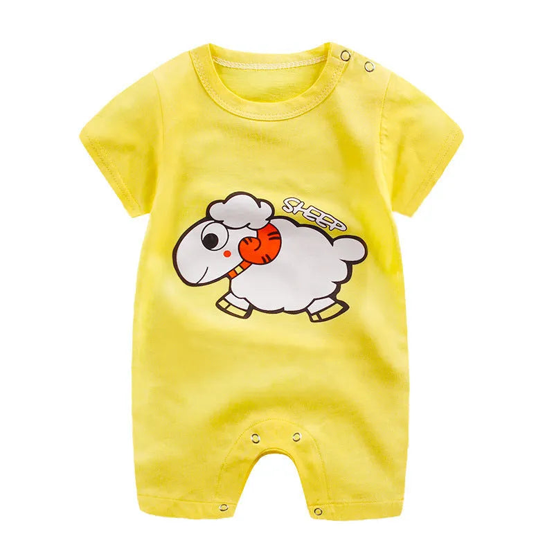 Baby one-piece cotton knit bodysuit in blue, short sleeves, lightweight summer clothing for infants