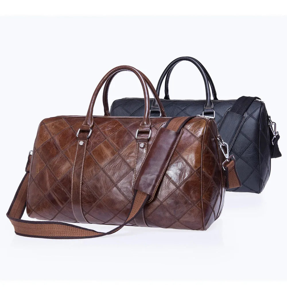 A vintage-style men's leather duffel bag in black with a single strap and internal organiser compartments.