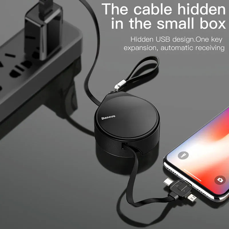 Black telescopic 3-in-1 fast charging cable extended to 1m with Micro USB, USB-C, and Lightning connectors