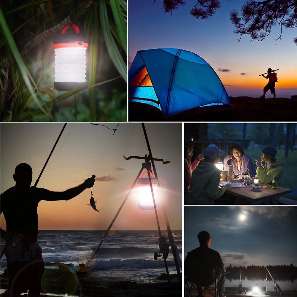 SolarBoom collapsible lantern in green with solar panel, collapsed for storage, on a wooden surface