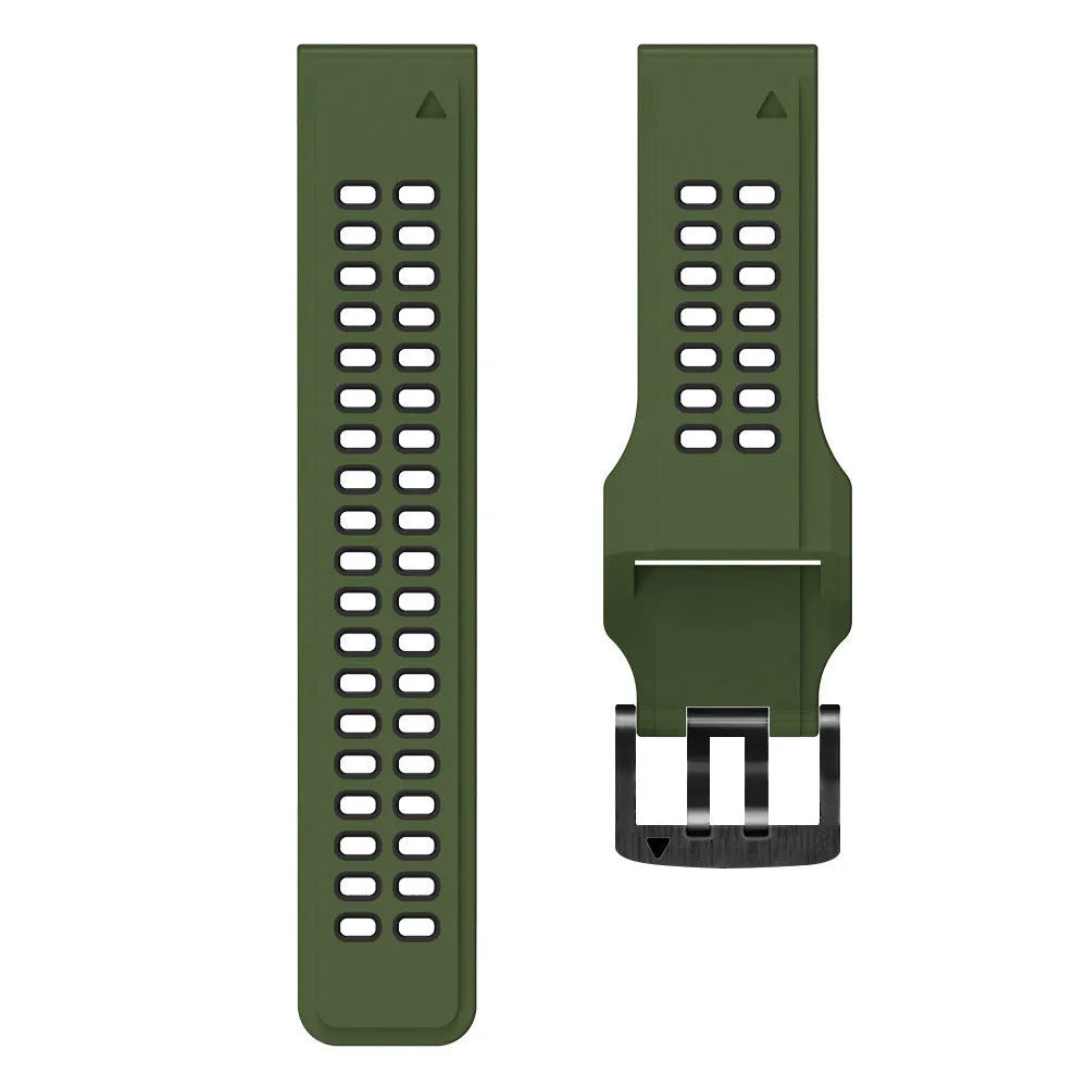 Two-tone silicone watch strap with quick release mechanism and ventilation holes in black and orange colour