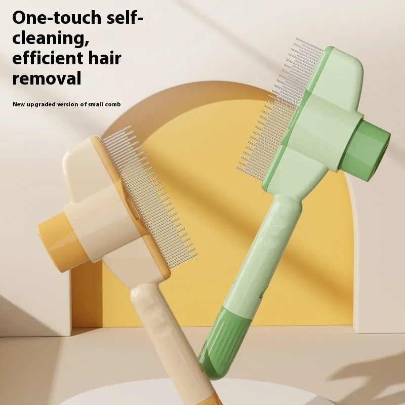 Yellow self-cleaning pet comb with stainless steel teeth and release button