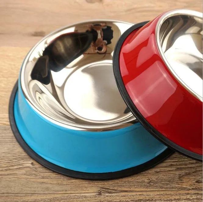 Stainless steel pet bowl with melamine outer pot in orange, non-slip base, dual use food and water