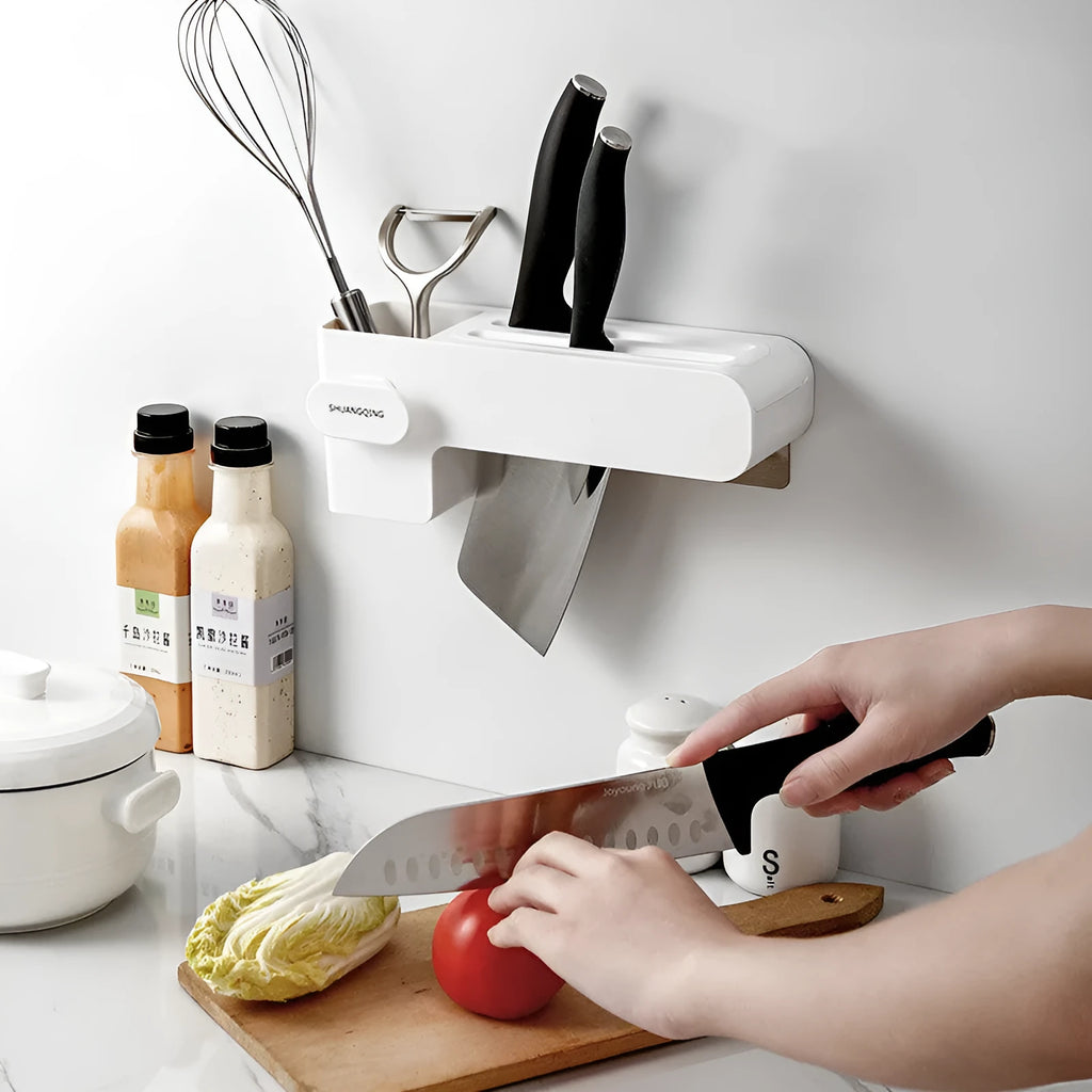 Modern white plastic kitchen knife storage rack with seven slots for organising cutlery