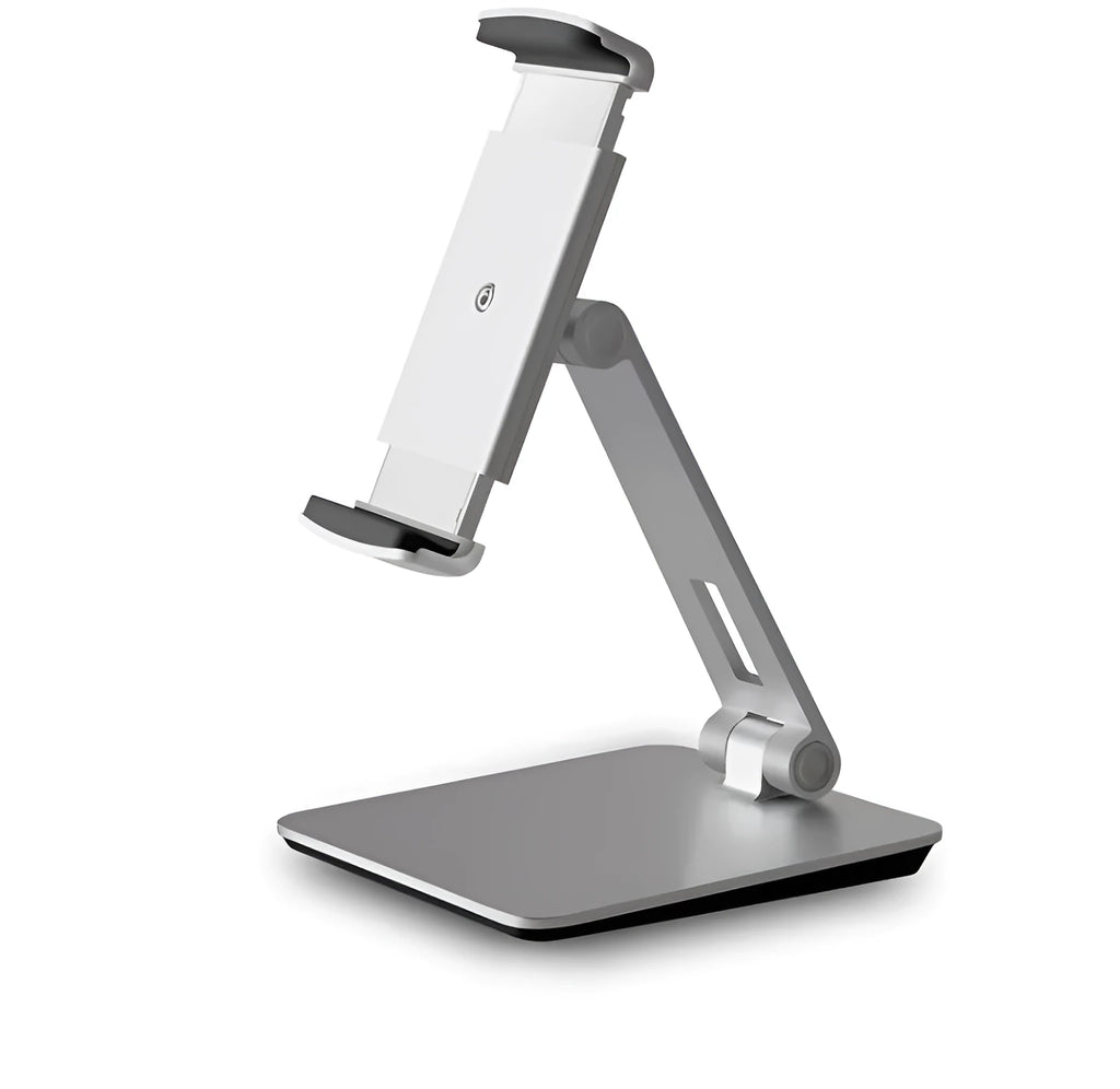 Foldable aluminium desktop stand holding a tablet at an angle.