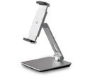 Foldable aluminium desktop stand holding a tablet at an angle.