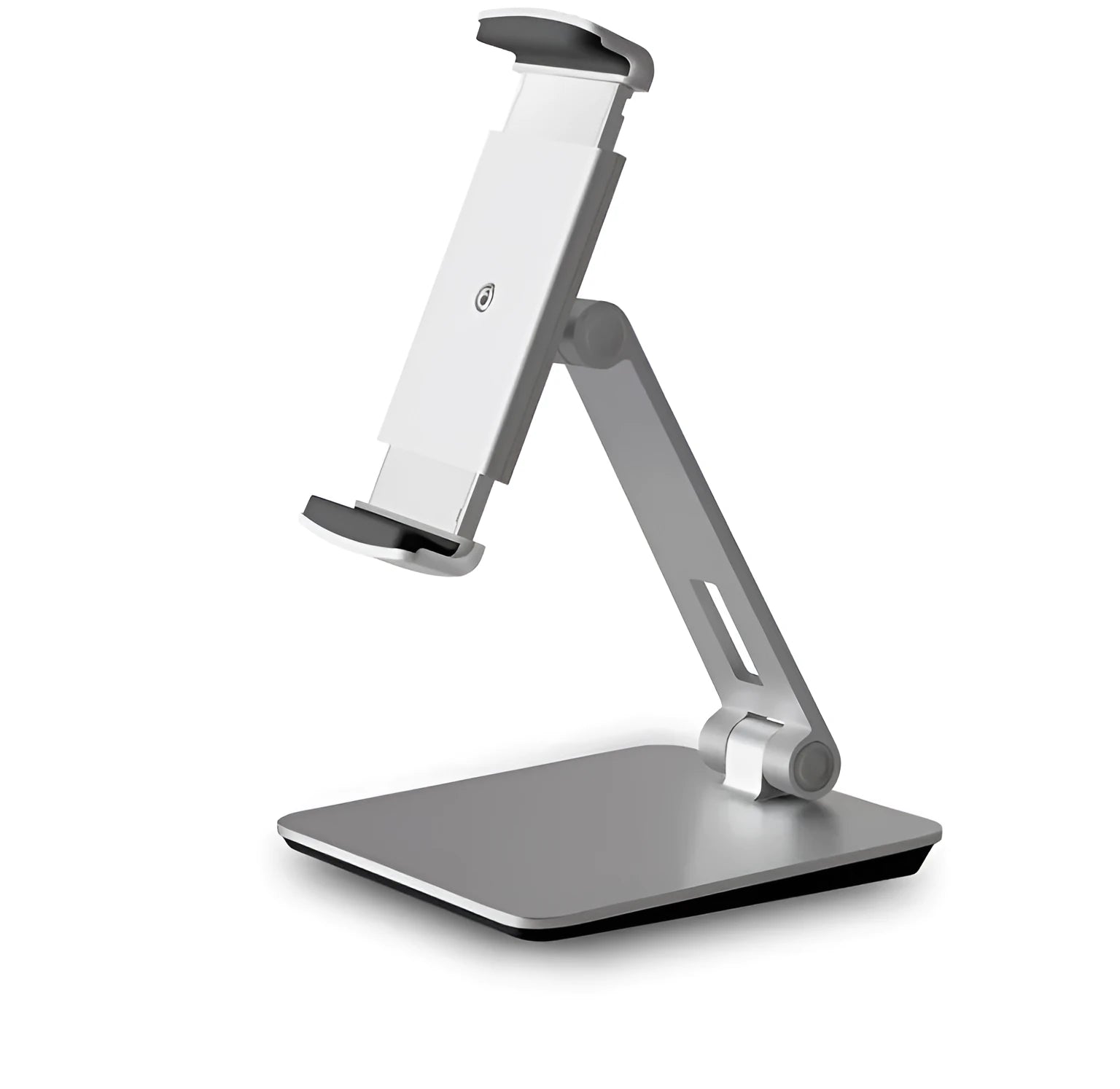 Foldable aluminium desktop stand holding a tablet at an angle.