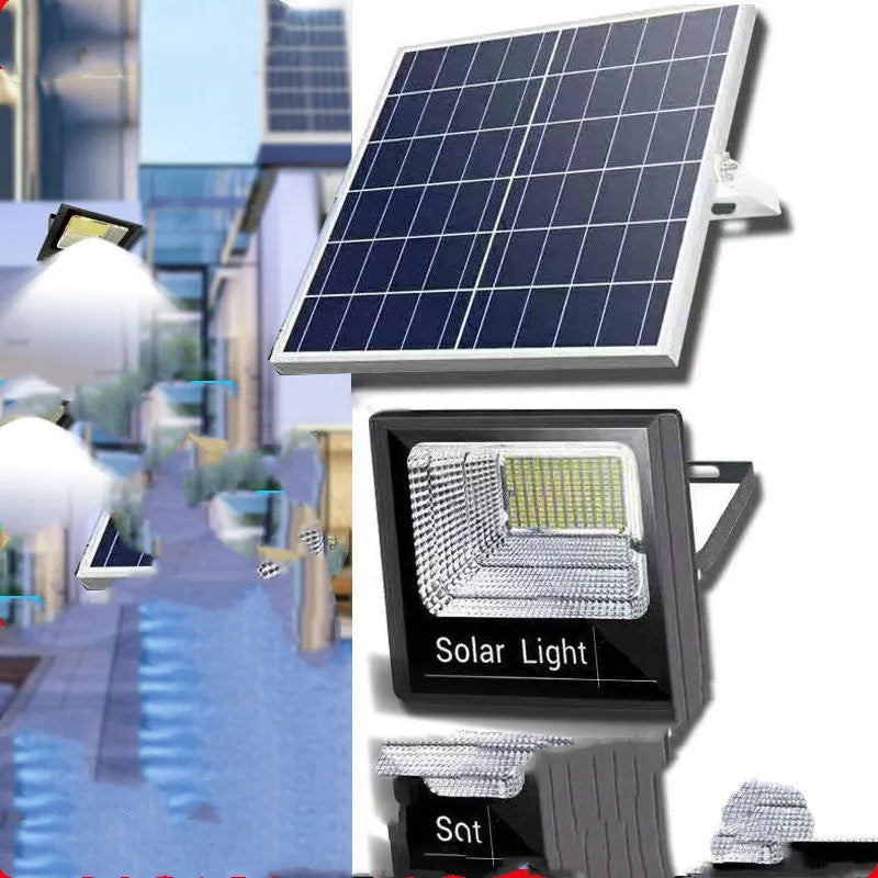 Black solar-powered LED flood light with remote control for garden and outdoor security lighting.