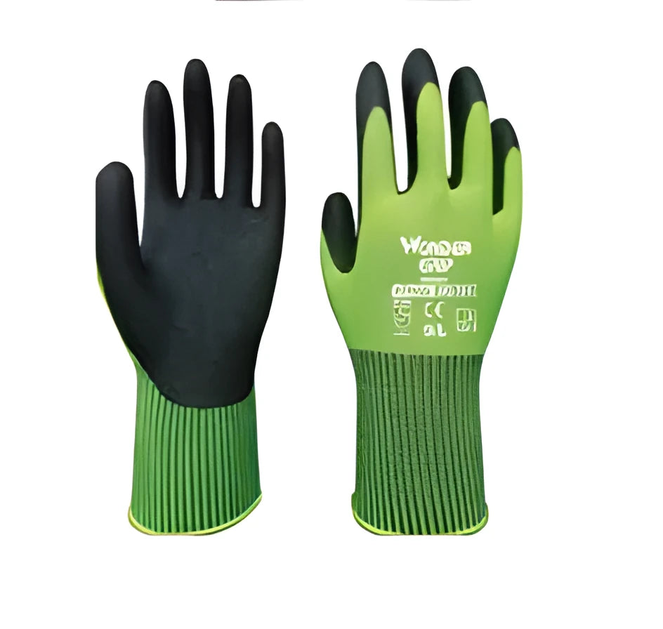 Fluorescent yellow nitrile dipped gardening gloves with knit lining and long sleeve cuffs in sizes S M L