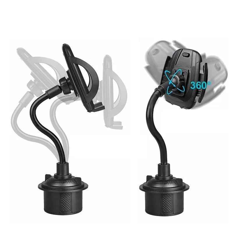 Black car cup holder mobile phone holder made of ABS and aluminium tube encapsulation, 9 x 9 x 16.5 cm, shown in a car interior.