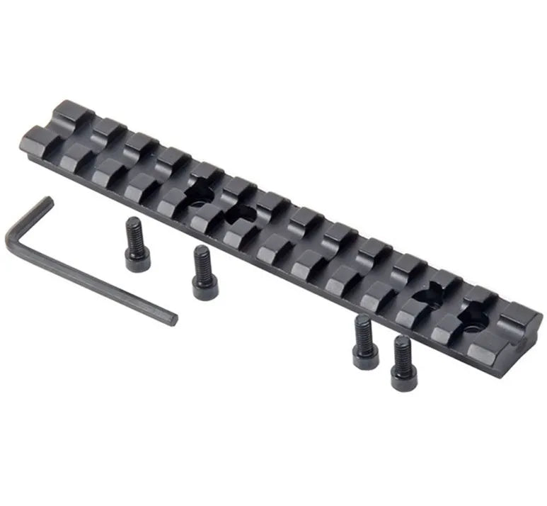 Black aluminium alloy shotgun scope mount with Picatinny rail, Allen key, and four mounting screws