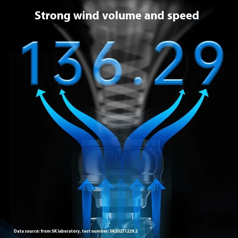 SK white bladeless tower fan with remote control on a wooden floor next to a desk.