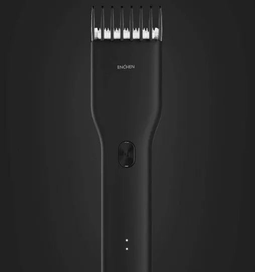 Black cordless men's hair clipper with ceramic blades and adjustable length comb