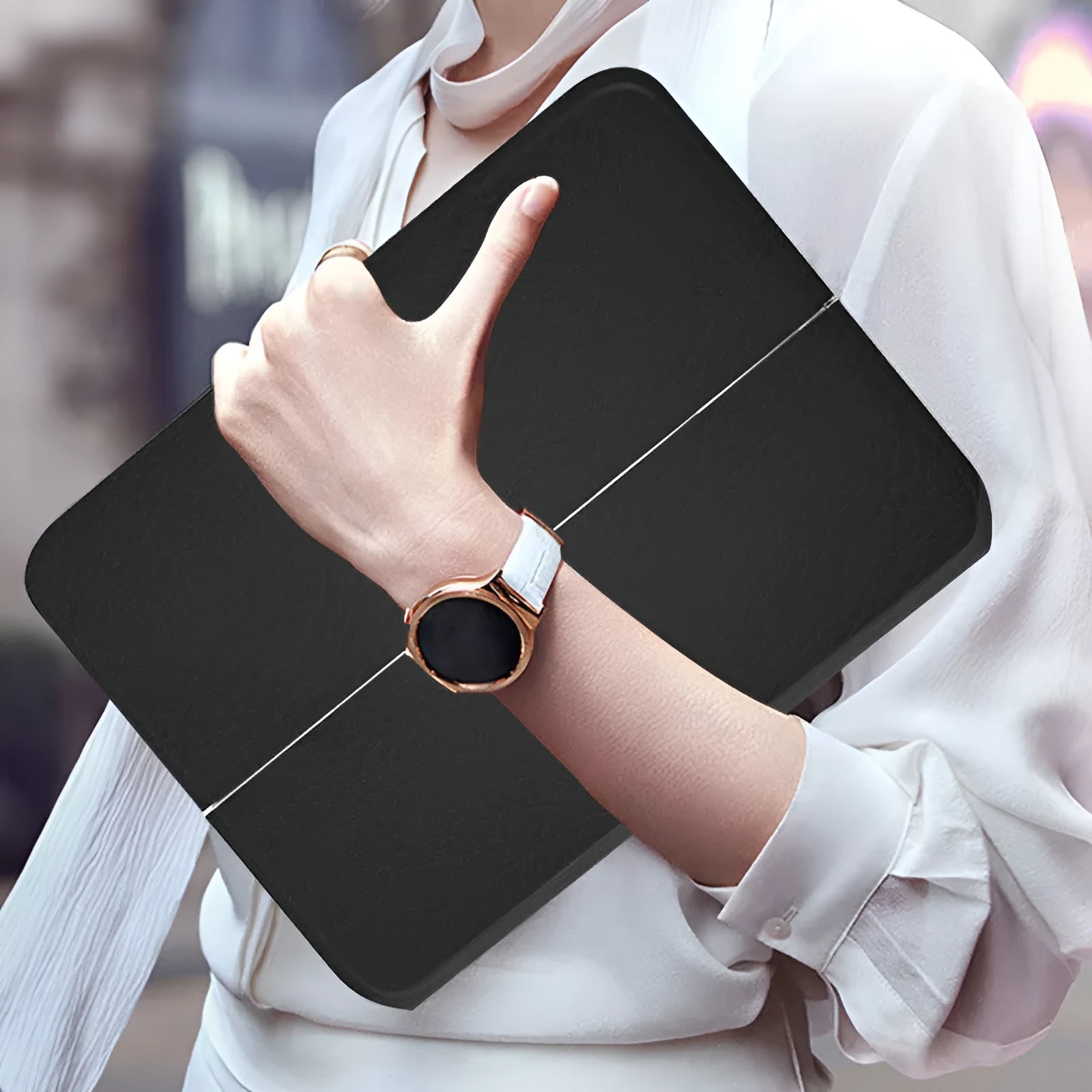 Black ultra-thin wireless Bluetooth keyboard case for iPad Air and iPad Pro in open position
