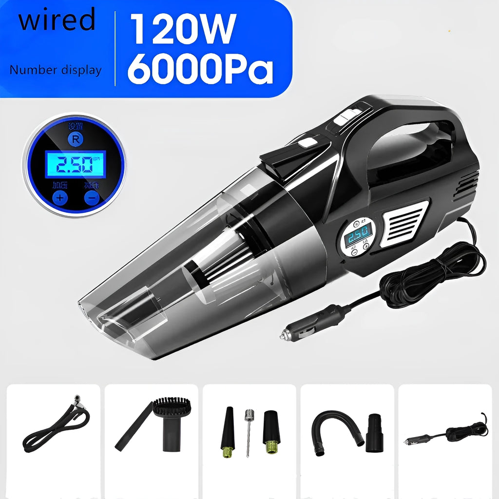 Four-in-one 12V car vacuum cleaner with digital tyre pressure display and 420cm power cord