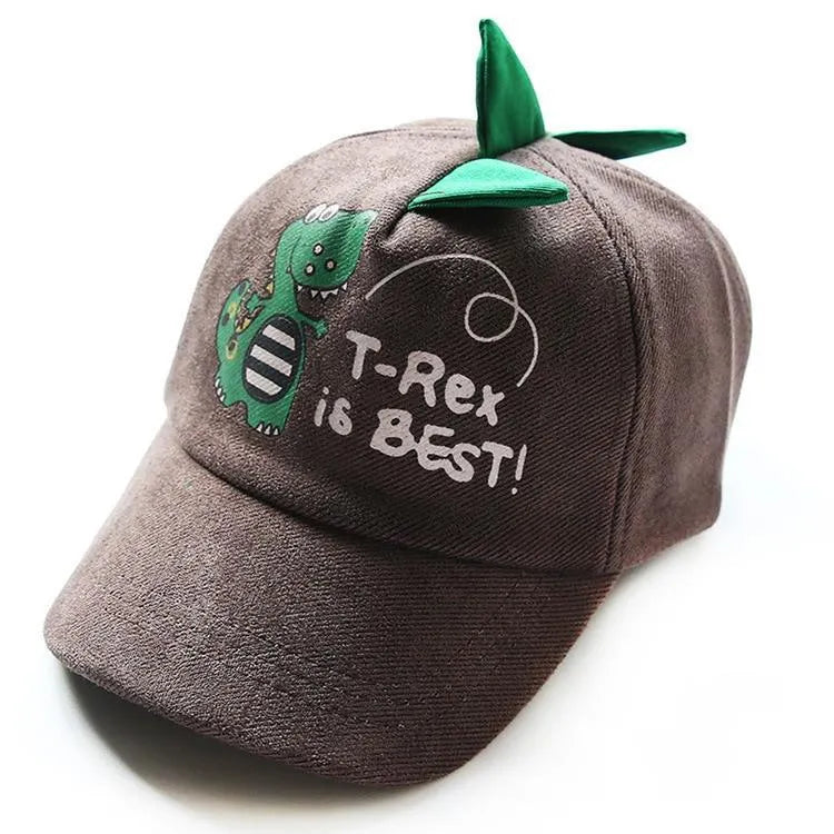 T-Rex dinosaur kids hat in black with adjustable strap, side view showing dinosaur face graphic