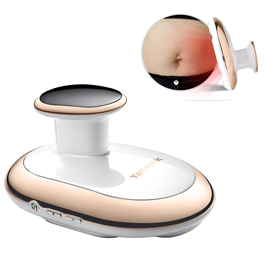 White rechargeable EMS body shaping massager with contact charging base and USB cable