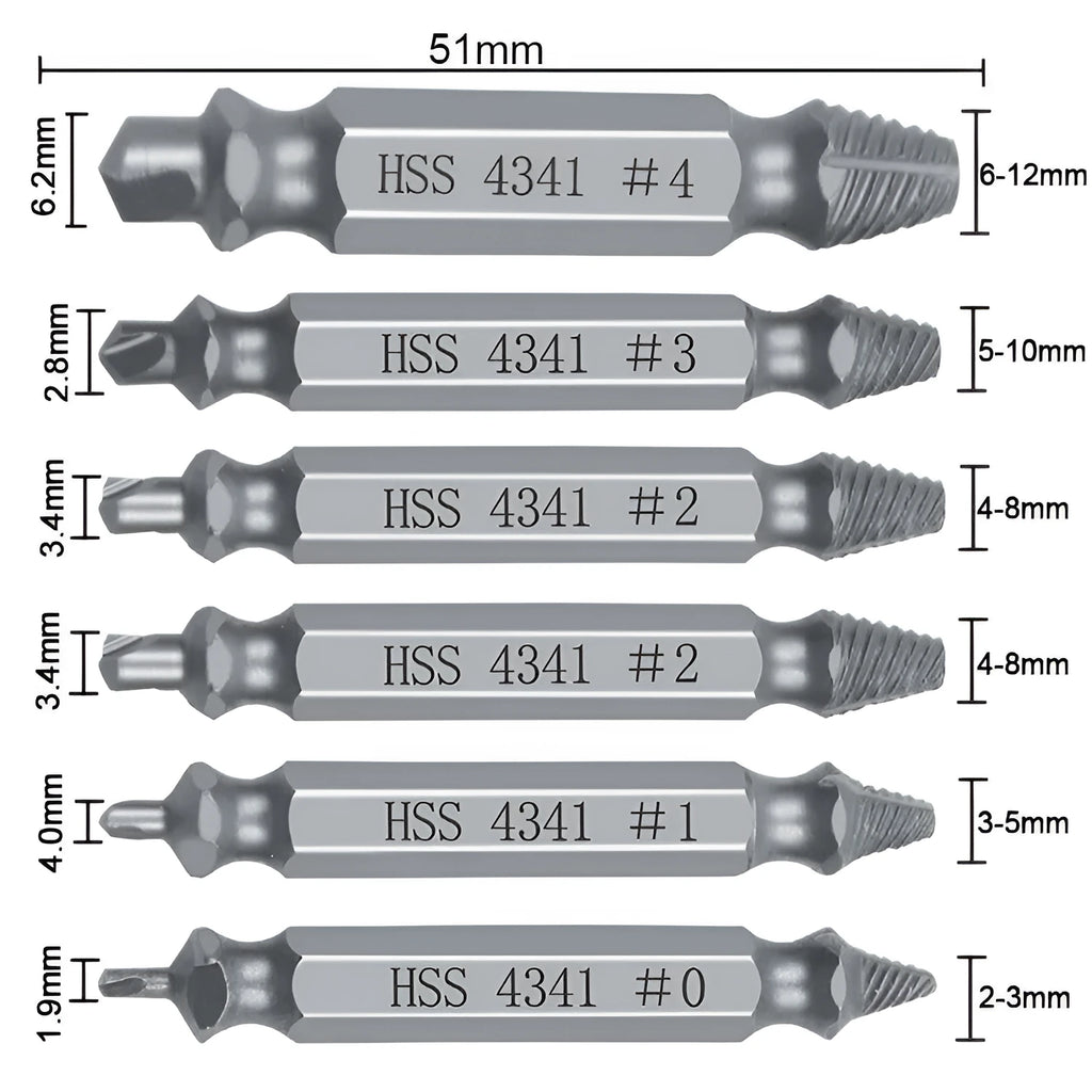 6-piece slip-tooth head screw remover set with high-speed steel construction for stripped screw removal