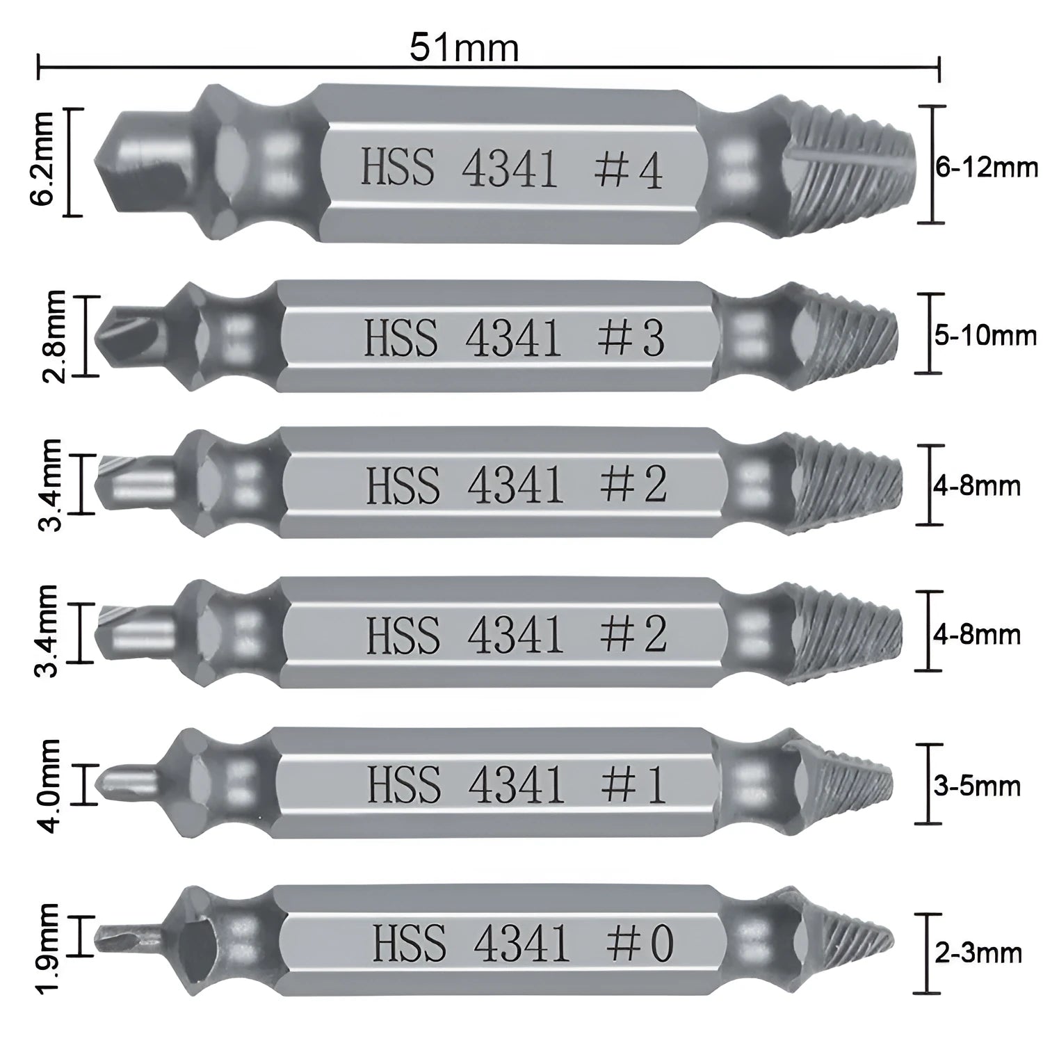 6-piece slip-tooth head screw remover set with high-speed steel construction for stripped screw removal
