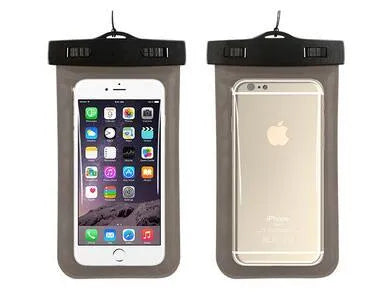 Clear PVC waterproof phone pouch for diving and swimming, showing touchscreen area.