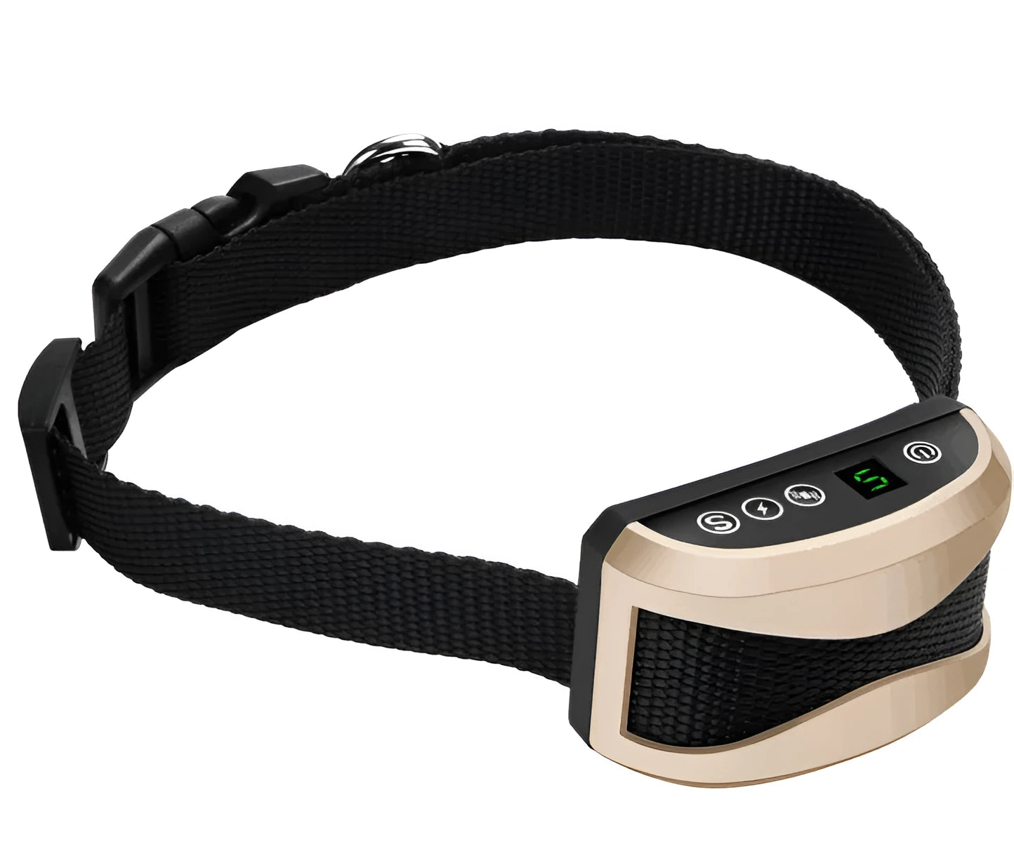 Black digital display anti-bark training collar for dogs with adjustable reflective strap.