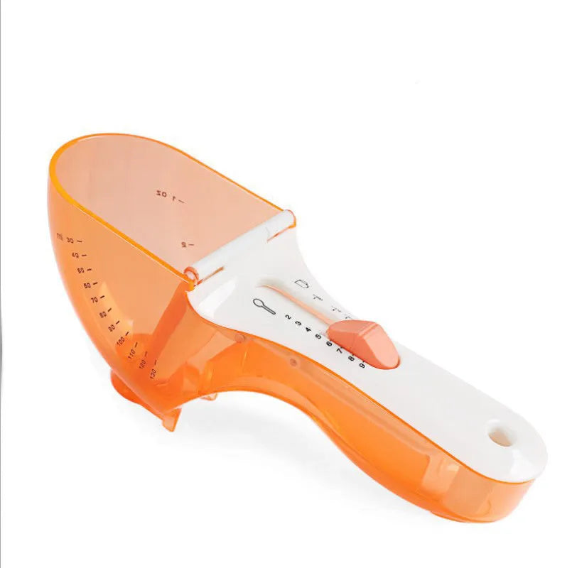 Orange and blue digital measuring spoons with magnetic base and measurement markings.