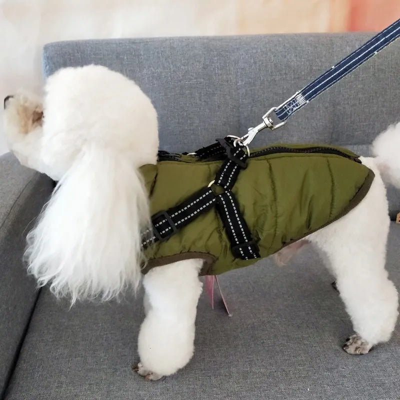 Red waterproof dog coat for large breeds with visible opening for a harness on the back.