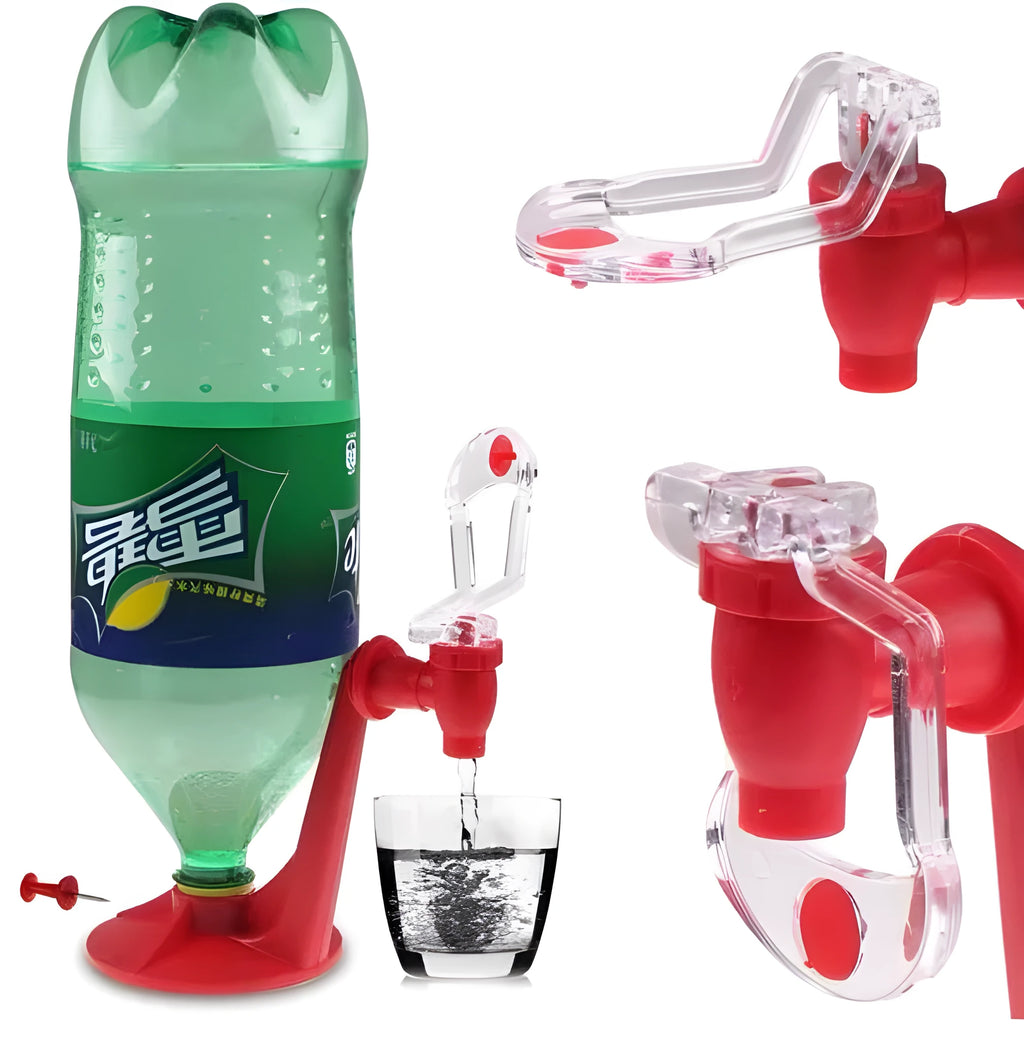 Red plastic Magic Tap soda drink dispenser attached to an inverted 2-litre bottle.