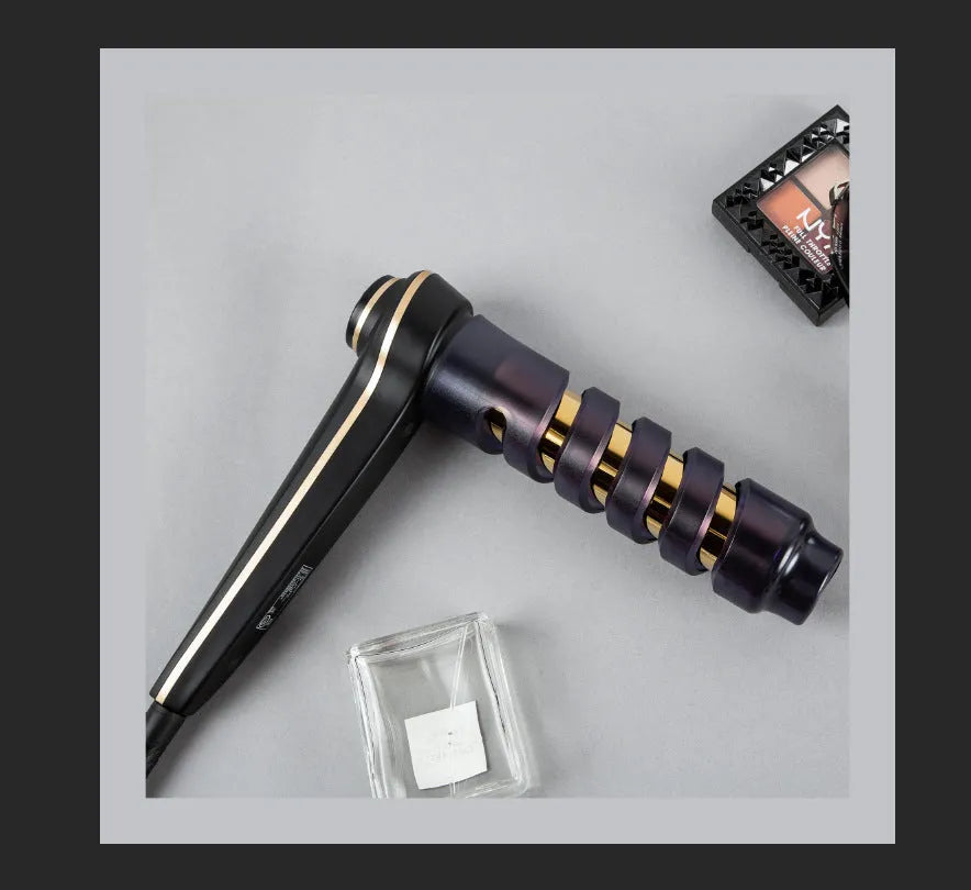 Gold aluminium alloy hair curler with LCD screen and ceramic-coated heating tube on surface