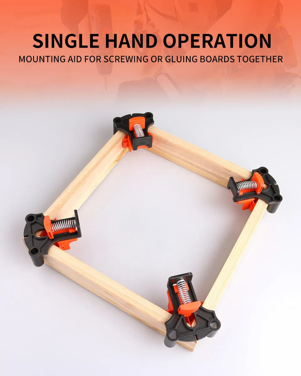 Four plastic 90-degree right angle wood clamps for frame and box assembly.