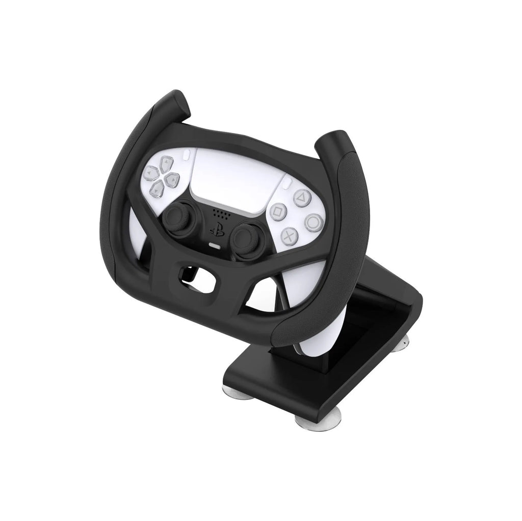 Black ABS gamepad steering wheel bracket with suction cup for mounting a smartphone.