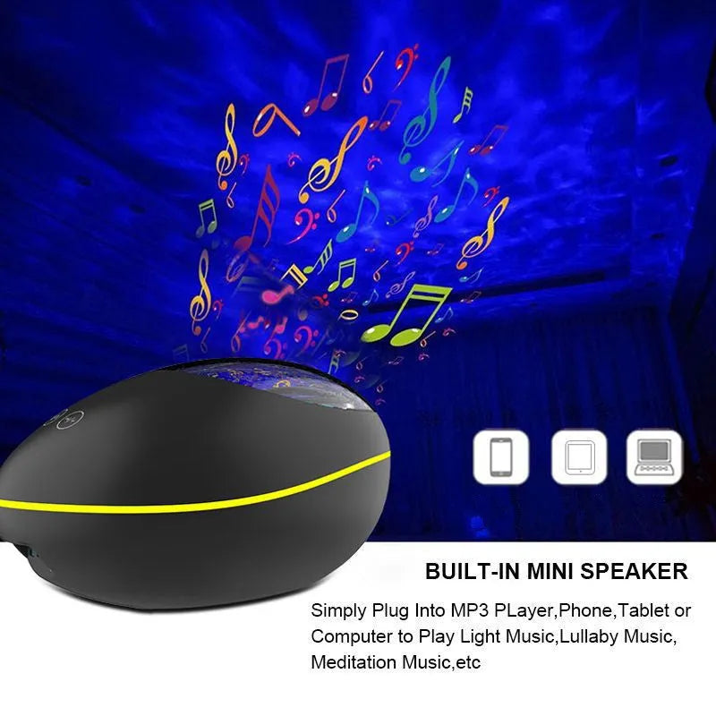 Coversage ocean wave projector LED night light with Bluetooth speaker in black, showing wave projection on wall