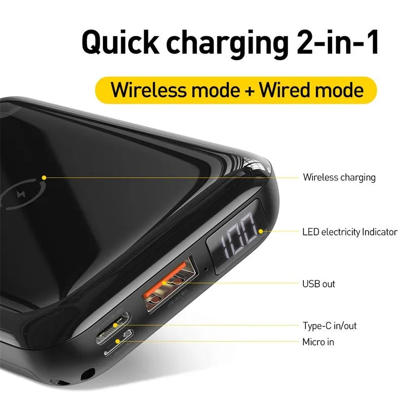 Small square black 10000mAh power bank with wireless charging symbol and digital display.
