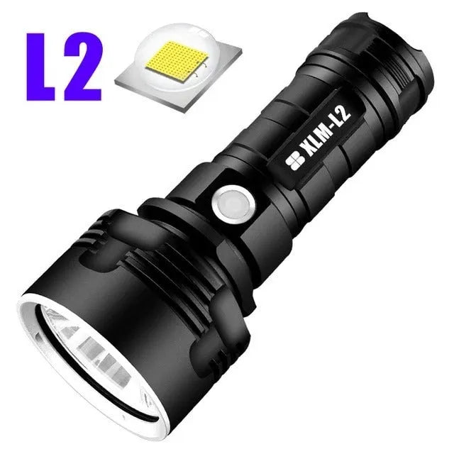 Rechargeable 20W LED torch with aluminium alloy body, focusing beam, 200-500m range, and charger