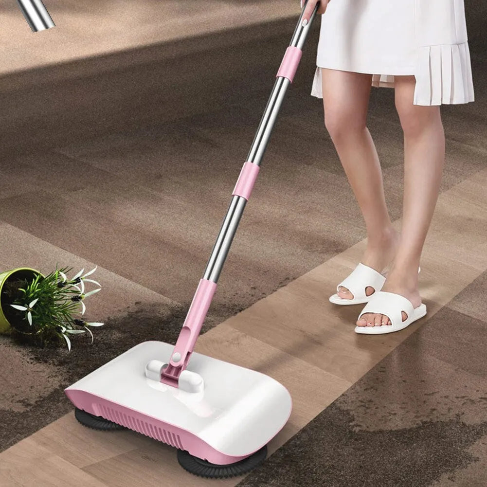 3-in-1 hand push sweeper with 360-degree rotating brush in powder colour, suitable for wood and tile floors